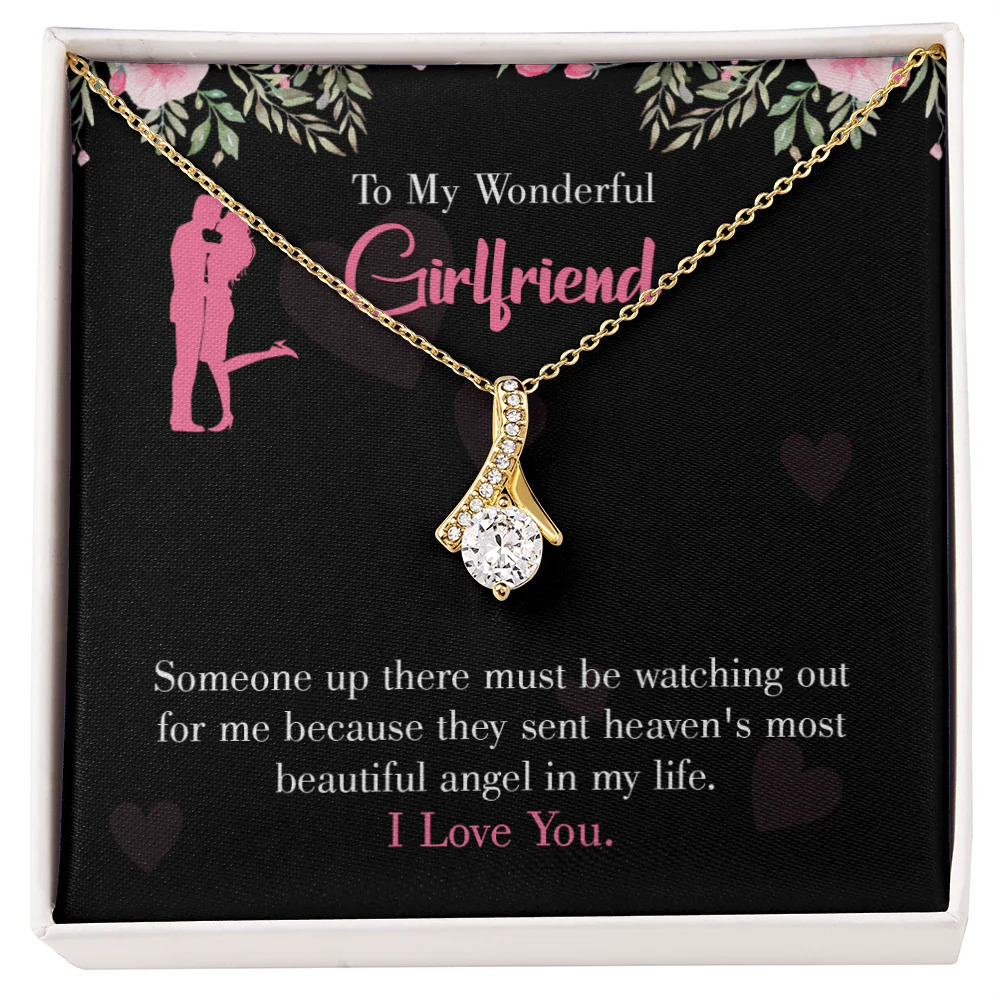 To My Girlfriend Most Beautiful Angel Ribbon Necklace Gold Tone Standard Box